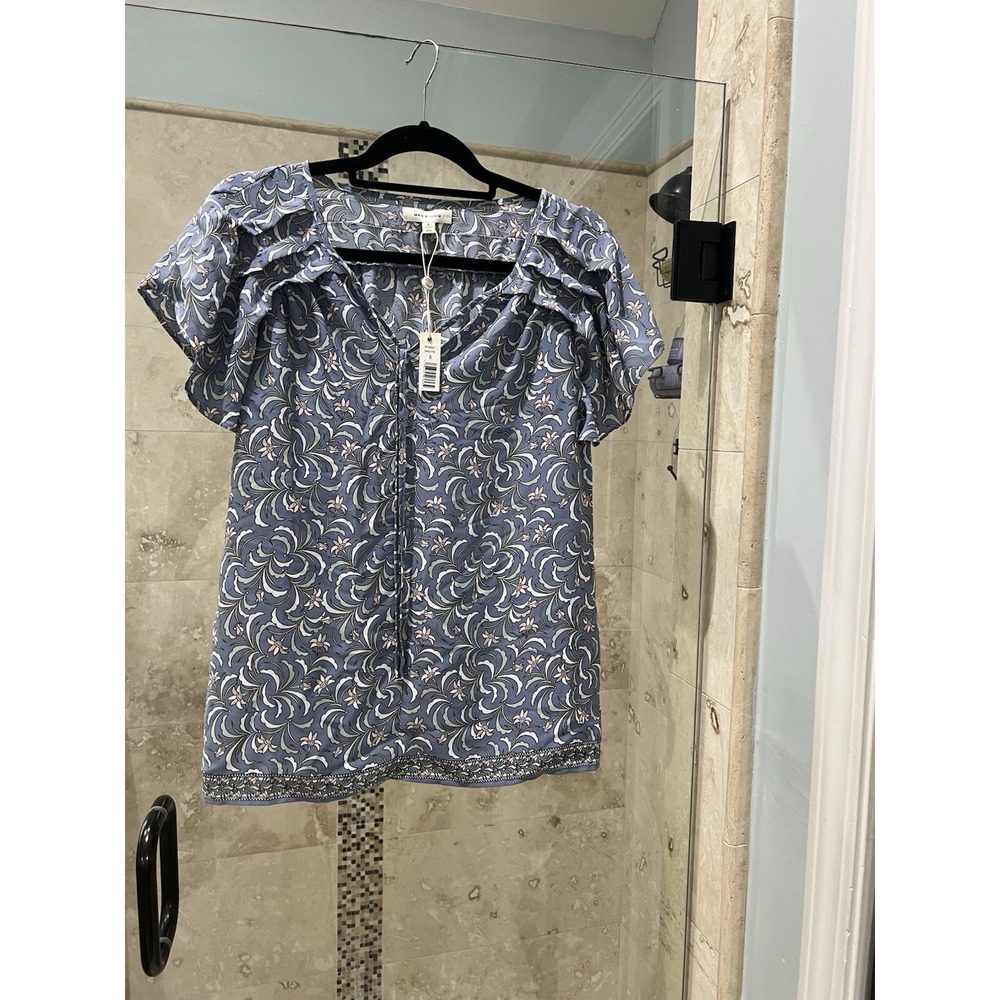Max Studio Womens Blue Floral Flutter Sleeve V-Neck Blouse Top S NWT A703D37